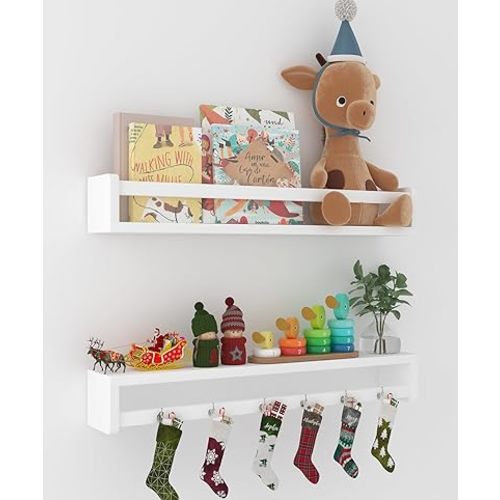 Heimlove 24 Inch Nursery Floating Shelves, Solid Wood Nursery Book Shelves for Wall, Bookshelf for Kid Room, Books,Toys and Decor Storage, Set of 2 (White)