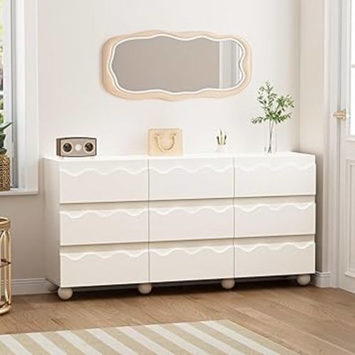 Anbuy Begie Scalloped Dresser for Bedroom with 9 Drawers, 63" Wide Modern Chest of Drawers with Hidden Handle, Wooden Dresser, Fluted Wood Closet Clothes Storage Organizer for Living Room, Hallway