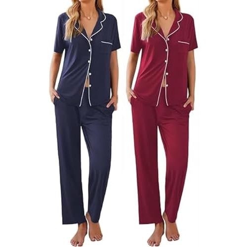 Ekouaer 2 Pack：Womens Pajamas Short Sleeve Pjs Notch Collar Button Up Loungewear Cozy Sleepwear Sets
