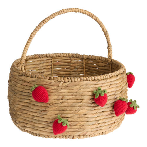 Natural Hyacinth and Crocheted Strawberry Basket with Swing Handle