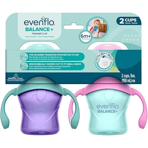 Evenflo Balance+ Trainer Cup with Ultra Soft Spout, Purple & Mint with Pink & Teal Handles, 5oz, 2 Pack, for 6+ Months