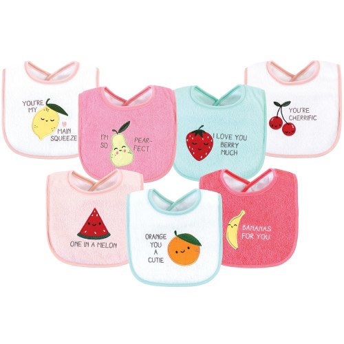 Hudson Baby Infant Girl Cotton Terry Drooler Bibs with Fiber Filling, Fruits, One Size - Fruits - One Size