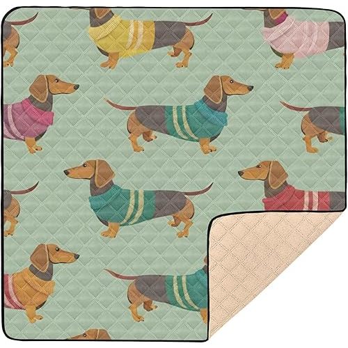Cute Dachshunds Baby Play Mat for Floor 50" X 50" Foldable Waterproof Non-Slip Playmat for Baby Playpen Quilted Crawling Mats Game Rug