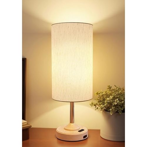 Cordless Table Lamp, Bedside, Ambient Light, Dimmable, Touch, Timer, 2700K, Bedroom, Portable, LED, Wireless, Rechargeable, Battery Operated, Desk Lamp, Fabric Shade, Wood-Grain Finish, Living Room