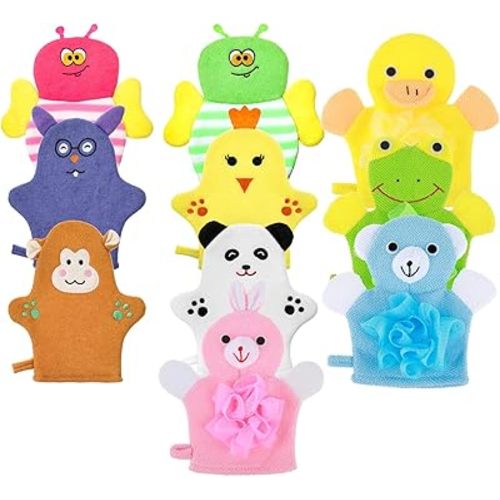 Sibba 10 Pcs Baby Bath Mitt Washcloths Gloves, Gentle Cute Exfoliating Wash Mitt Animal Pattern, Baby Mittens Bath Towel Glove Soft Scrub Toddler Wash Cloths Body Scrubber Bathing Loofah Infant Gloves