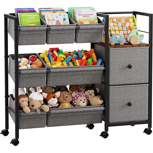 Kids Toy Organizers and Storage Bins - 7 Storage Bins + 2 Fabric Drawers + 1 Bookshelf, Playroom Storage, Mobile Cart Organizer for Toy, Clothes, Blankets and Books - Black