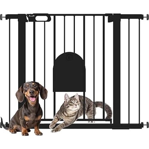 PawHut 30"-41" Extra Wide Pet Gate with Small Cat Door, 30" H Dog Gate with Pressure Fit, Black