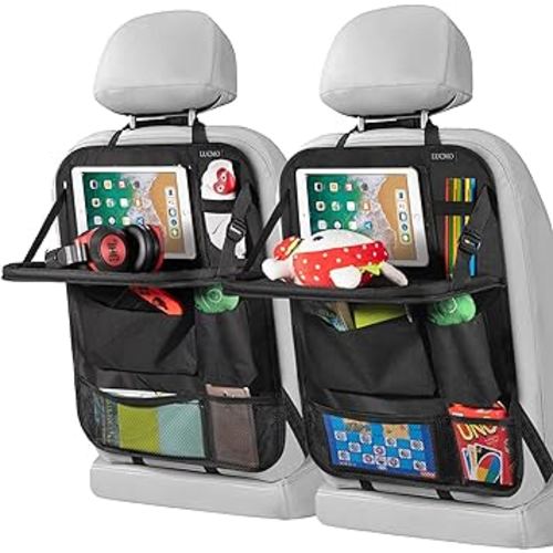 LUCMO Car Backseat Organizer with Tablet Holder-2 Pack,6 Storage Pockets Car Storage Organizer with Foldable Food Tray,Car Seat Back Protectors Kick Mats Travel Accessories-Black