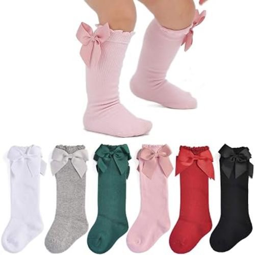 EPEIUS Baby Girl Knee High Socks with Bow, Ruffle Cotton Long Socks