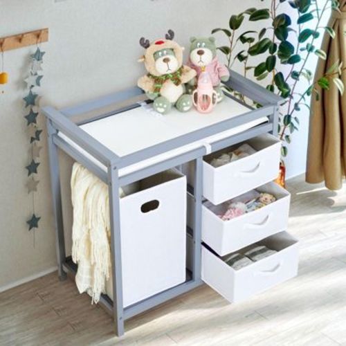 GustoWave Wooden Baby Changing Table,Modern Diaper Changing Table,Infant Diaper Station Dresser with Laundry Hamper, 3 Drawer Basket,Gray
