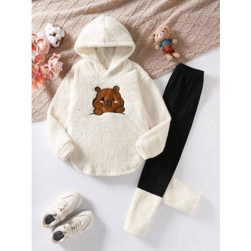 SHEIN Sparklyn Tween Girls Casual All-Match Versatile Cartoon Capybara Embroidery Pattern Hooded Loose Fleece Sweatshirt + Leggings Autumn/Winter Set Fall | SHEIN USA