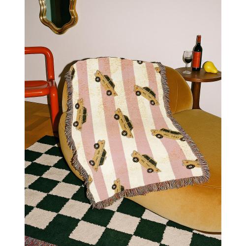 New York City Taxi Cab on Pink Stripes Art Woven Blanket | Throw Blanket for Cozy Apartment | Lightweight Summer Picnic In Central Park