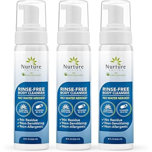 Nurture Rinse Free Waterless Foaming Cleanser | Women, Camping, Elderly & Hospital Care | Waterless Shower & Bath Wash w/Aloe for Sensitive Dry Skin