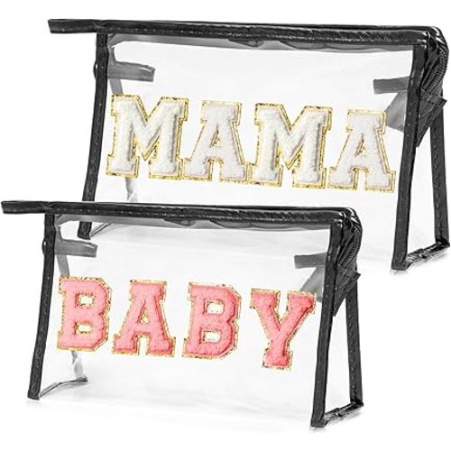 CY2SIDE MAMA Baby Bag Set - 2PCS Clear MAMA Letter Patch Makeup Bag with Handle for Travel Cosmetic Pouch for Toiletries Waterproof Travel Organizer Baby Reveal Gift Mothers Day Gift Black
