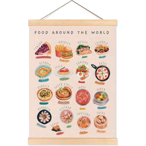 ROXMART Global Cuisines Food Poster Hanger Frame, Trendy Kitchen Wall Decor, Food Around the World Educational Wall Art Prints Decor for Toddler Kids Room Nursery Home Kitchen, 12x16 Inch