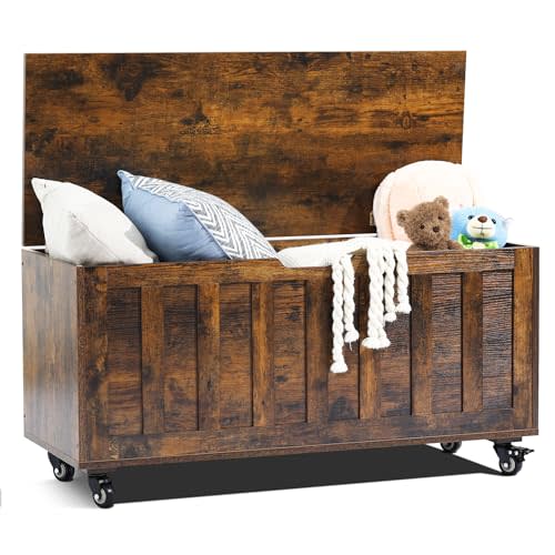 HYZ Storage Chest, 39.4'' Wooden Storage Bench with 4 Wheels & 2 Safety Hinges, Retro Toy Box Support 300 lbs for Bedroom, Living Room, Easy Assembly, Rustic Brown