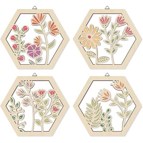 HOURIA 4 PCS Boho Flower Wall Art,Watercolor Wildflower Wooden Wall Hanging Decor for Living Room,8"*10" Inches Pink Beige Aesthetic Wood Wall Hanging,Botanical Floral Wall Art for Apartment Bedroom