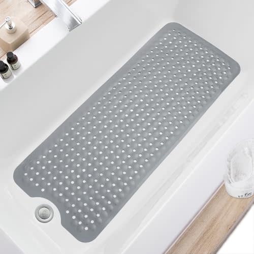 TEESHLY Bath Tub and Shower Mats, Non Slip 40 x 16 Inch Extra Large Bathtub Mat, Machine Washable Bathmat with Drain Holes, Suction Cups for Bathroom Floor, Gray