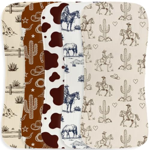 5 Pack Baby Burp Cloths for Boys, Western Cowboy Theme Large Cotton Absorbent Burping Rags, Soft Contoured Spit Up Cloths with Cow Print Desert Cactus Horse, Unisex Newborn