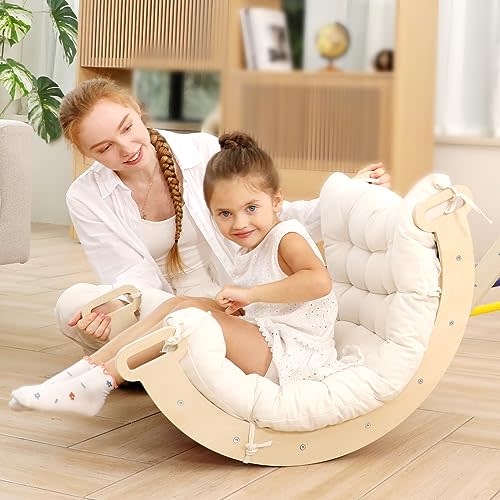 Ymonlia 2 in 1 Montessori Climbing Arch for Toddlers,Rainbow Wooden Climbing Arch Rocker& Cushion,Pillow for Arches,Climbing Triangle Ramp,Montessori Climbing Gym for Kids 0-8