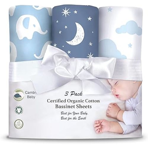 Cambria Baby 100% Organic Cotton Jersey Fitted Bassinet Sheets for Boy. 3 Pack