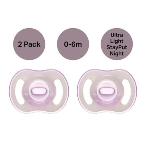 Tommee Tippee Ultra-light StayPut NightGlow Pacifier, 0-6 Months, 2 Pack, Soft Skin Feel, Extra Air Flow