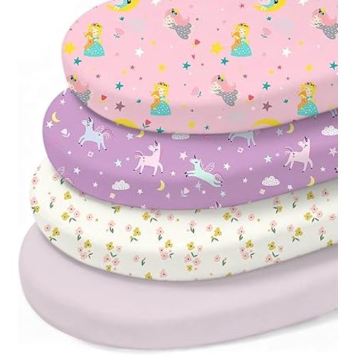 Little Grape Land Bassinet Sheets 4 Pack, 33" x 18" Fitted Bassinet Sheets Up to 4" Deep Pocket, Ultra Soft Baby Bassinet Fitted Sheets for Bassinet Mattress, Unicorn Dreams