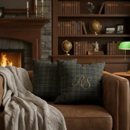 Green Tartan Pillow Case, Monogram Cushion Cover
