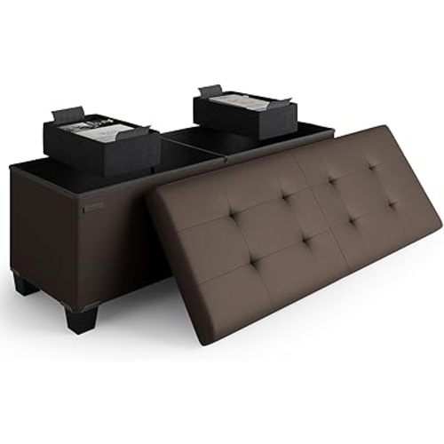 STORAGEBUD Storage Ottoman Bench with Bins, 43-in Storage Bench for Bedroom End of Bed, Folding Foot Rest Ottoman for Living Room Max 660lbs, Faux Leather Ottomans, Brown