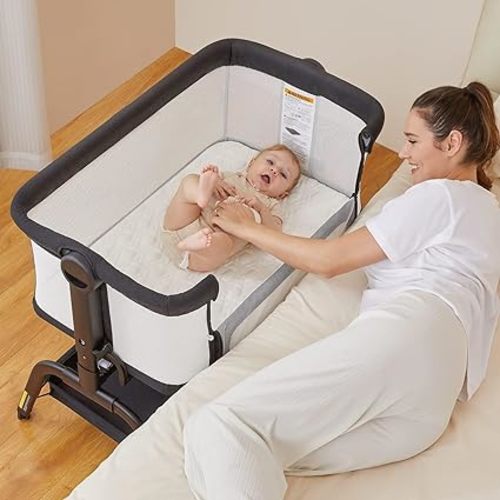 BabyBond Baby Bassinet Bedside Crib, Mattress & Sheet, 4-Sided Mesh, Black