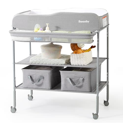 Sweeby Portable Baby Changing Table, Non-Foldable Changing Table Dresser Changing Station for Infant, Waterproof Pad Topper, Mobile Nursery Organizer for Newborn Essentials, Gray, Classic