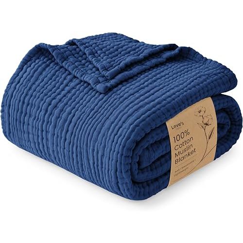 Love's cabin 100% Cotton Muslin Blanket Throw for Couch, Dark Blue