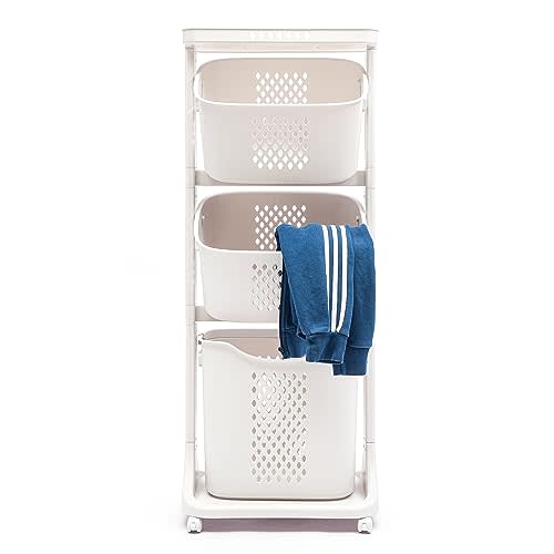 Household Storage Basket, 360° Rolling Movable Laundry Basket,Floor-Standing White Multi-layer Clothes Organizer for Kitchen,living Room and Bathroom (3 Tiers)