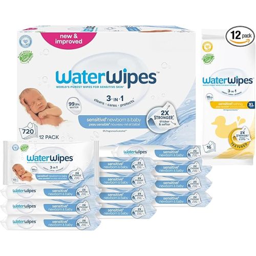 WaterWipes Bundle, Original 720 Count (12 packs) & XL Bathing Wipes 16 Count (1 pack), Plastic-Free, 99.9% Water Based Wipes, Unscented, Hypoallergenic for Sensitive Skin, Packaging May Vary