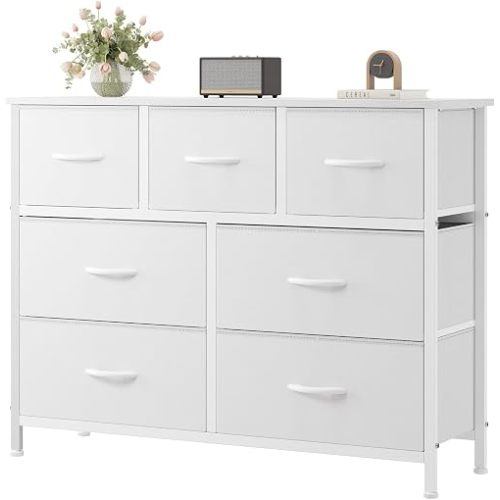 OLIXIS 7 Drawer Closet Organizer Chest, Fabric Storage Tower with Sturdy Steel Frame, Wooden Top & Easy Pull Fabric Bins, Dresser for Bedroom Living Room Entryway Clothes Organization, White