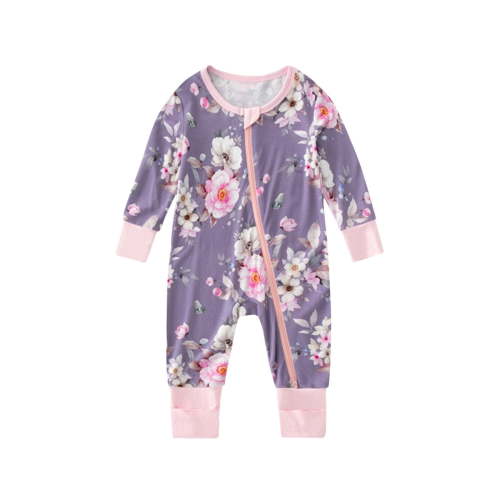 Baby Cotton Bodysuits Zip up Long Sleeve Cute Print Soft Breathable Jumpsuit Toddler Clothes Purple 80