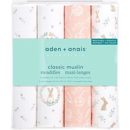 aden + anais Essentials Muslin Swaddle Blankets for Baby Girls and Boys, Newborn Receiving Blanket for Swaddling, 100% Cotton Baby Swaddle Wrap, 4 Pack, Blushing Bunnies