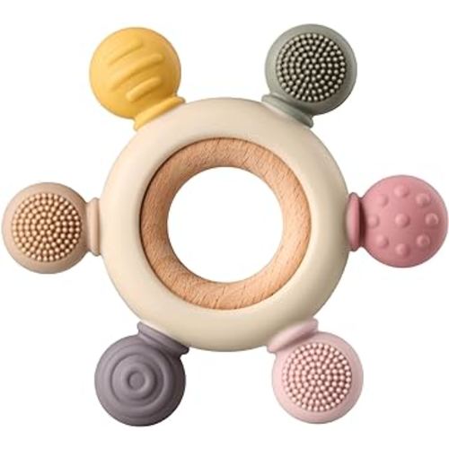 Baby Teething Toys, Silicone Chewable Toys with Organic Wooden Ring for Infants 3+ Months, Silicone Teething Toys for Soothing Sore Gums, Sucking Needs (6 Directions, Khaki)
