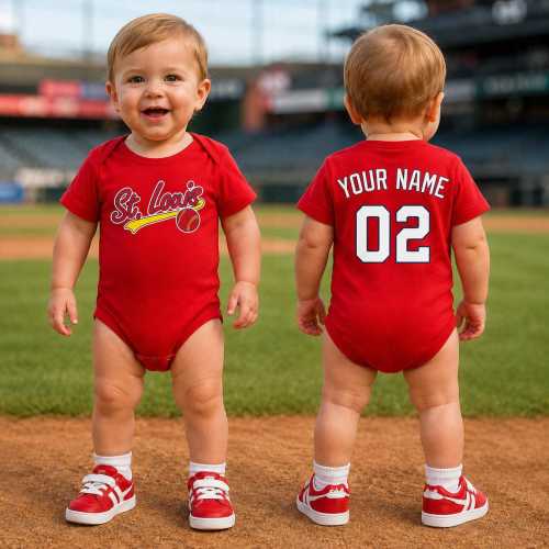 Personalized St Louis Baseball Baby Bodysuit, Custom Name and Number Infant Onesie, Baby Boy Sports Outfit, First Birthday Gift