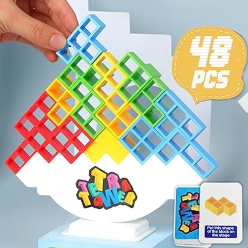 48 Pcs Tetra Tower Balance Stacking Blocks Game, Board Games for 2 Players+ Family Games, Parties, Travel, Kids & Adults Team Building Blocks Toy