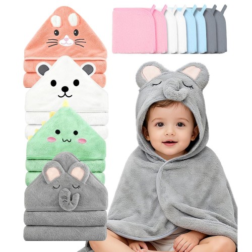 Spearlcable 12 PCS Baby Bath Towels for Infants Toddlers, 4 PCS Animal Hooded Baby Towels + 8 PCS Washcloths Set, Ultra Absorbent Cute Soft Baby Towels for Newborn Bath Essentials Gifts for Boys Girls