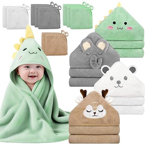 14 PCS Baby Towels Set, 4 PCS Soft Baby Hooded Towels & 10 PCS Washcloths, Baby Bath Towels for Newborns, Infants & Toddlers, Ultra Absorbent, Cute Baby Towel Gift for Boys