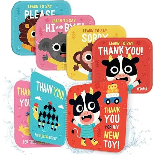 merka Baby Bath Books for Toddlers, 4 Pack Waterproof Bathtime Books, Bath Toys Floatable in Bathtub, Learn to Say Thank You, Sorry, Hi Bye, Please