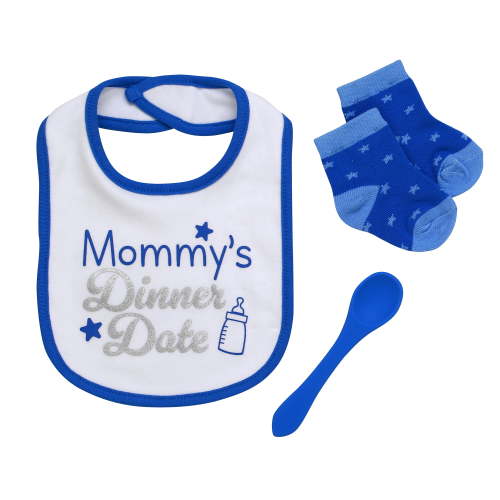 BWA by Baby Starters 3 Piece Bib, Spoon and Socks Set, Mommy's Dinner Date