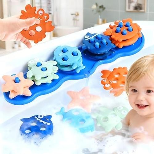 Baby Bath Toys,Silicone Mold Free Shape Sorting Stacking Toddler Bath Toy,Color Sorting Textured Floats,No Hole Early Learning Bathtub Shower Toys,Xmas Birthday Gifts for Boys Girls