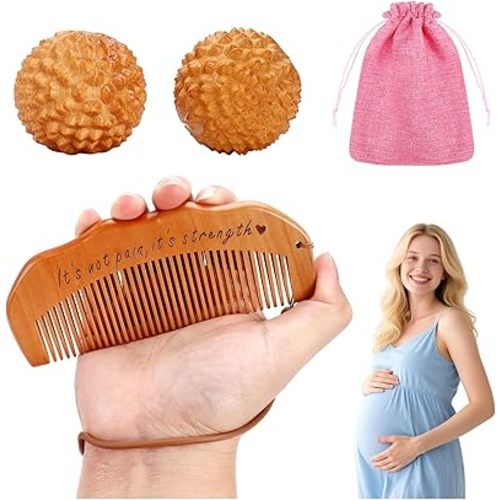 4Pcs Birthing Comb and Acupressure Massage Ball Kit Gifts for Moms Labor and Delivery Essentials Wooden Labor Comb Pregnancy Must Haves New Mom Gifts for Labor Pain Relief with Cloth Bag