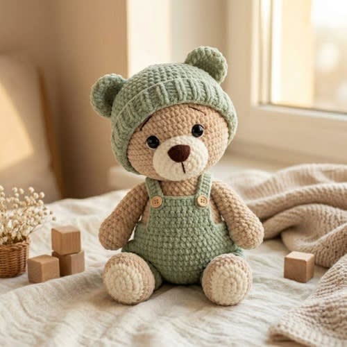Handmade Crochet Teddy Bear, Sage Green Amigurumi Bear, Stuffed Animal Plush Toy, Nursery Decor, Baby Shower Gift, Crochet Keepsake