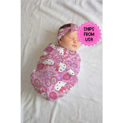 Personalized Pink Anime Cat Swaddle Set: Newborn Girl Outfit