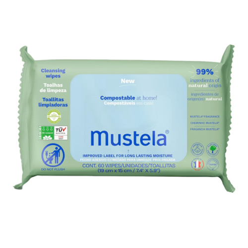 Mustela Baby Home Compostable Cleansing Wipes - For Face, Body & Diaper Area - 99% ingredients of natural origin & plant-based fibers - For all skin types - Fragrance Free Version & Various Sizes