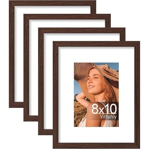 Vittanly 8x10 Picture Frame Set of 4, Display Pictures 5x7 with Mat or 8x10 without Mat, Engineered Wood with Shatter Resistant Plexiglass, Wall Gallery Photo Frames for Wall or Tabletop, Brown